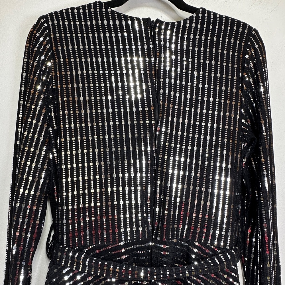 Black & Silver Embellished Faux Wrap Midi Dress Long Sleeve Shimmer Party Dress - Picture 8 of 14